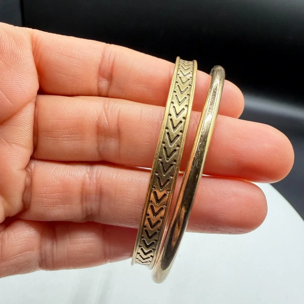 Gold Tone Set of 2 Bangle Bracelets Chevron Pattern Boho Stack Statement Gift